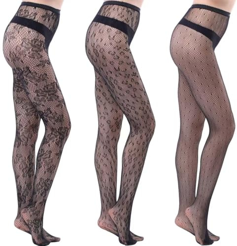 IXOYAHRA 3-Pack Fishnet Tights for Women - Lace Patterned Sheer Tights, Black*3, One Size (3, Black*3pcs-BEF)