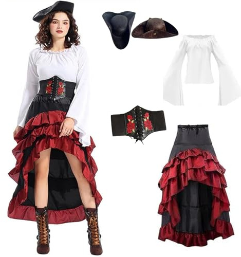 Costume Pirata Donna, Set di 4 Costumi da Pirata Medievale, Abito Medievale Vestito Donna con Top A Spalle Scoperte Senza Spalline e Corsetto da pirata e Cappello per Carnevale, Cosplay, Halloween