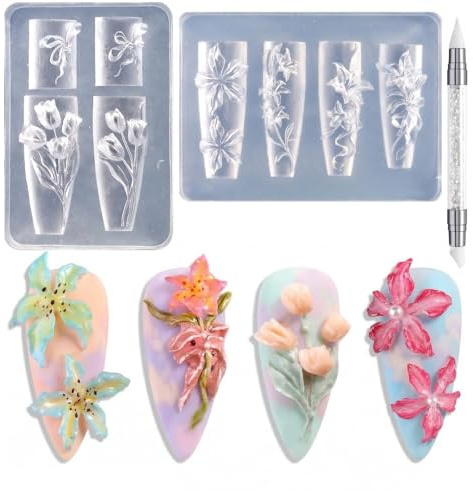 Bafutayawa Set de moules en silicone pour nail art en gel 3D pour design d'ongles, kit ongles Tulipes & Lys accessoire DIY, alternative aux pochoirs de stamping, incluant un stylet en silicone