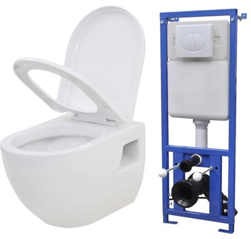 Set WC sospeso con cassetta di risciacquo da incasso in ceramica, colore bianco, con chiusura morbida, senza bordi, per bagno, ospiti, WC, moderno ristrutturazione, completo