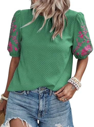 YRREATY Blusas con Textura y Bordado Floral para Mujer, Cuello Redondo, Corta Abullonada, Informales, Holgadas, Lisas, Bordadas, Verde, XL