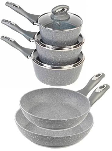 Salter COMBO-6440 Pot and Pan Set, 5 Piece with 16/18/20cm Saucepans, 20/24cm Frying Pans, Non-Stick, Induction Suitable, Cooking Pots with Lids, Forged Aluminium, Marblestone Collection, Grey