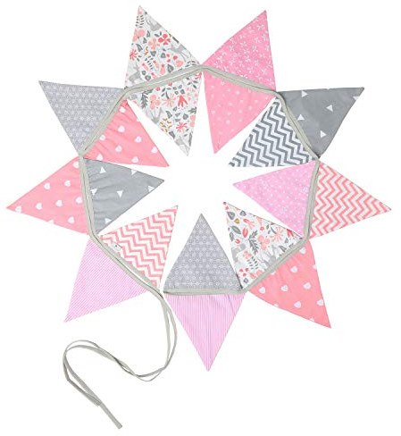 PREMYO Festoni Bandierine Colorate Stoffa Triangolari - Decorazione Cameretta Bimba Ghirlanda Nascita - Rosa Grigio