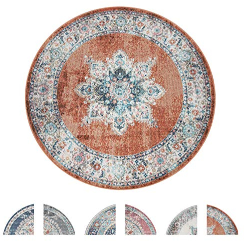 Paco Home Outdoor Teppich Rund, Balkon Wohnzimmer Küchenteppich Vintage Orientalisch Modern Pastell, versch. Farben, Grösse:Ø 160 cm Rund, Farbe:Rot