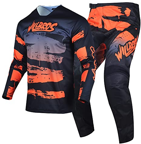 Willbros Combinaison de Pantalons en Jersey de Motocross Hommes MX Ensemble D'équipement D'équitation Hors Route Cyclisme Équitation ATV BMX Unisex Adulte Noir Orange (Jersey M Pantalon 32)