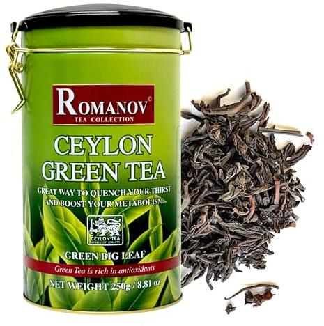 Romanov Tea | Ceylon Green Tea | Green Big Leaf | 100% Pure | Additives Free | GMO Free | Gluten Free | Dairy Free | Sugar Free | 100% Natural | 250g, Pack of 3