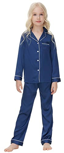 Verve Jelly Garçons Filles Pyjama Ensemble Satin Soie Pjs Chemise À Manches Longues Hauts + Pantalons Longs Enfants 2 Pièces Vêtements De Nuit Boutonnés Vêtements De Nuit Bleu Marine 160 13-14 Ans