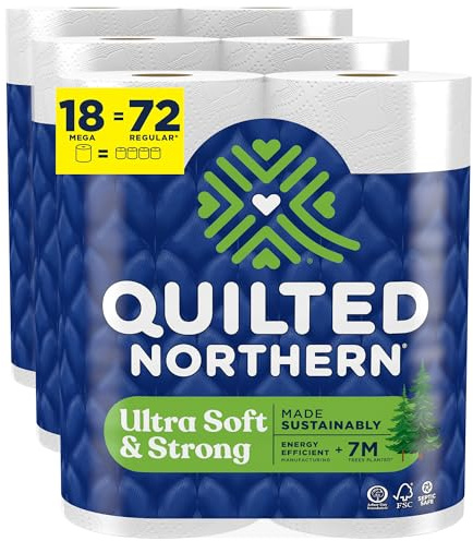 Quilted Northern Ultraweiches & starkes Toilettenpapier, 18 Megarollen = 72 normale Rollen, 5 x stärkeres, weiches Premium-Toilettenpapier mit recycelbarer Papierverpackung