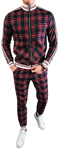 Oanviso Conjuntos de Hombres de Manga Larga con Cuello de Pie y Estampado a Cuadros Cremallera Chaqueta y Pantalones Juego de 2 Piezas Confort Chándal Sets con Bolsillos Traje de Ocio Deporte D03 L