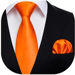 HISDERN Cravate Homme Orange Extra Longue pour Mariage Fete Classique Cravate et Pochette Couleur Unie Ensemble Cravates avec Mouchoir Set