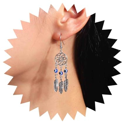 Inilbran Boucles D'oreilles Boho Mauvais Oeil Boucles D'oreilles Goutte D'argent Attrape-rêves Boucles D'oreilles Pendantes Plume Feuille Vintage Boucles D'oreilles Bleu Mauvais Oeil Bijoux Pour