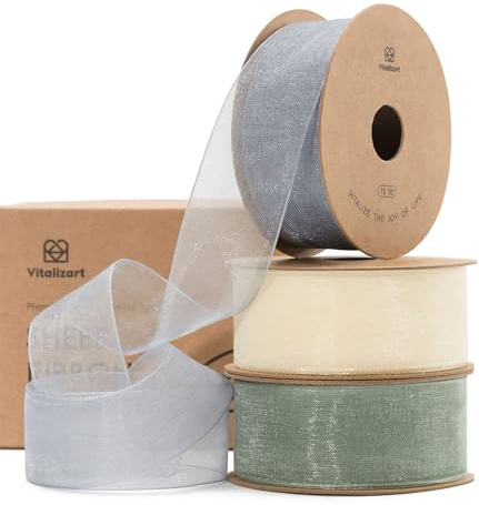 Vitalizart White & Blue & Green Organza Ribbon 1'' x 30Yd for Crafting | 3 Rolls x 10Yd, Wide Fabric Tulle Ribbons for Gift Wrapping, Christmas Tree, Decoration, Bows, Wedding Invitations
