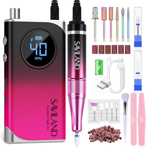 Saviland 40000RPM High Speed Nail Drill, Cordless Electric Nail File 4000mAh Battery, Professional Nail Grinder for Acrylic Nails Gel Polish Manicure Pedicure with Ceramic Drill Bit