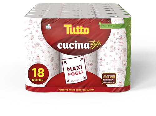 Asciugatutto TUTTO CUCINA STYLE, 18 Rotoli, Carta Super Assorbente e Resistente, Pulizia Rapida e Senza Sforzo, Tecnologia HI-PER, Made in Italy, 821710