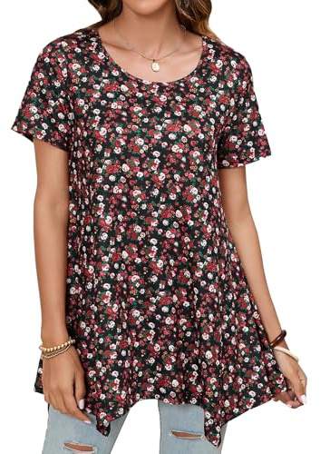 Enmain Tunica Magliette Donna Manica Corta Estiva Maglia Lunga Taglie Forti Casual Blusa Camicia Floreale Scollo Tondo Elegante Nero 3XL