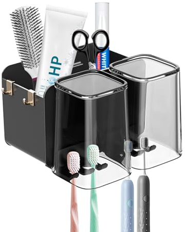 Toothbrush Cup Holders for Bathroom Electric Toothbrush Holder Wall Mounted, Toothbrush and Toothpaste Holder, Electric Toothbrush Head Holder, Two Cups for Free (Black)