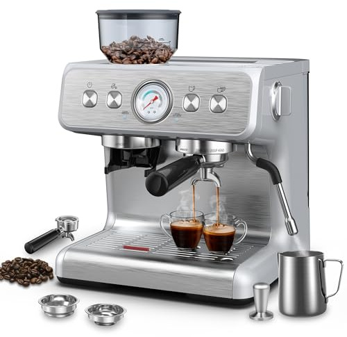 Espresso Machine with Built-in Grinder,Professional 15 Bar Espresso Maker with Milk Frother Steam Wand,Stainless Steel Espresso Coffee Machine with Removable Water Tank for Cappuccino, Latte