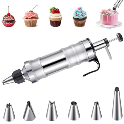 Wjelet Kit de decoración de pasteles de jeringa de glaseado, kit de tuberías de glaseado de acero inoxidable, herramientas de glaseado DIY con 6 boquillas de repuesto para bolsas y boquillas, kit de