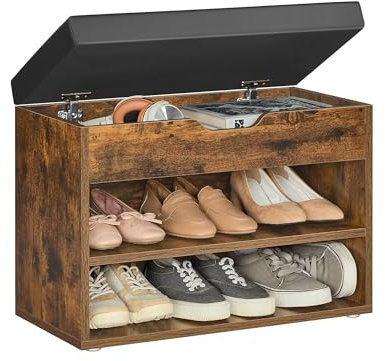 VASAGLE Shoe Bench with Cushion, Storage Bench with Padded Seat, Hallway Bench with 3 Compartments, 30 x 60 x 44 cm, for Bedroom, Living Room, Rustic Brown LHS020K05