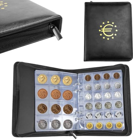 Portamonete 2 euro, album da collezione 600 tasche, 3 x 3 cm, 4 x 4,5 cm, nero con chiusura lampo