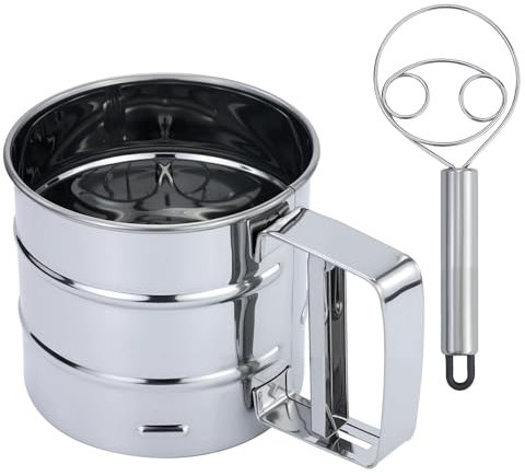 JRSHIRLEYLTD Colino per farina, zucchero a velo, filtro utilizzabile a una sola mano, in acciaio inox, capacità di 250 grammi, con 1 miscelatore per farina
