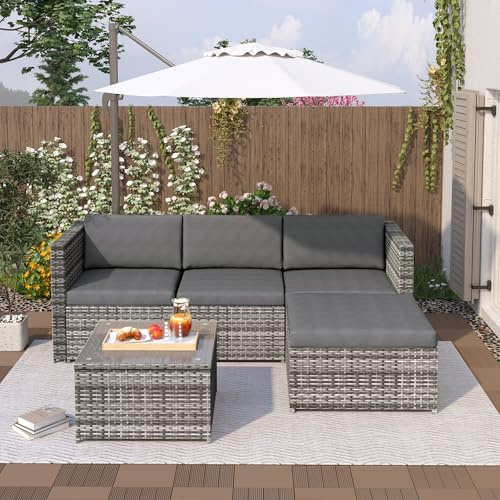 Kebnor Polyrattan Lounge-Sofagarnitur,Gartenmöbel, Ecksofa, Couchgarnitur mit Sitz- und Rückenkissen, Lounge-Tisch mit Glasplatte (Grau)