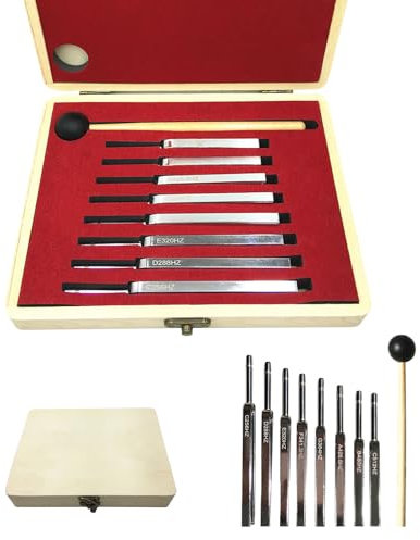 Stimmgabel Set zur Heilung, 8 Stück Stimmgabeln mit Holzkasten für Frequenztherapie, Klangtherapie, Yoga, Meditation, 256 Hz, 288 Hz, 320 Hz, 341,3 Hz, 384 Hz, 426,6 Hz, 480 Hz, 512 Hz