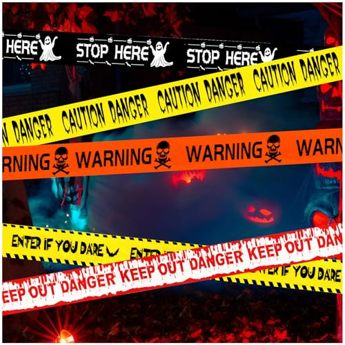 JANYUN 5 Rubans d'Avertissement d'Halloween, 45M Ruban d'Avertissement Banderole d'Avertissements Effrayante Bande Adhésive Effrayante, Fête Maison Hantée Rubans Signalisation Danger