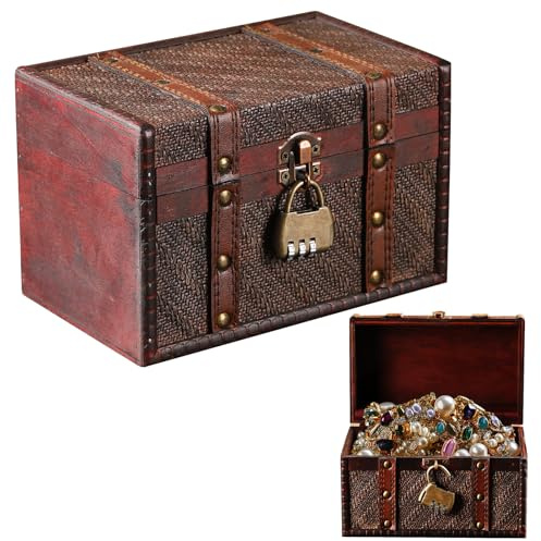 Coffre au Trésor en Bois Vintage avec Serrure à Combinaison, Coffre Tresor Pirate avec Cadenas, Boîte de Rangement de Bijoux pour Colliers, Bracelets, Boucles D'oreilles, Bagues