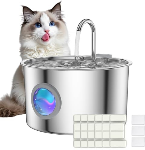 Bizcasa Fuente para Gatos Acero INOX: 3.2L Bebedero Gato con Ventana de Nivel de Agua, Bebedero Perros Acero Inoxidable, Dispensador Agua Perro Silencioso (Fuente Gatos-3.2L+6 Filtros+3 Esponjas)