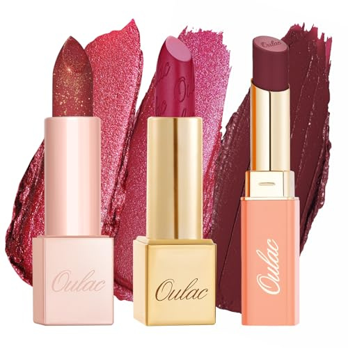 Oulac Red Matte Liptick Kit | Satin Matte Lipstick, Glitter Metallic Lipstick | Infused with Shea Butter, Moisturising, Long Lasting & Weightless | Vegan, High-Pigment(SG13+D03+GM15)