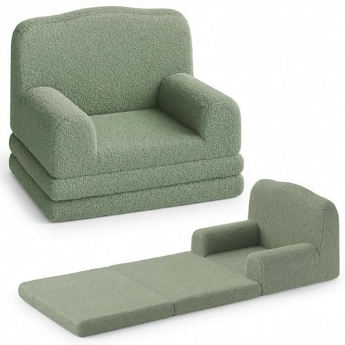 Garvee Sillón Convertible Infantil Diseño Corona – Cama Plegable 2 en 1 para Niños de 2 a 6 Años – Butaca Transformativa con Funda Lavable de Peluche Sherpa para Dormitorio, Sala de Juegos (Verde)