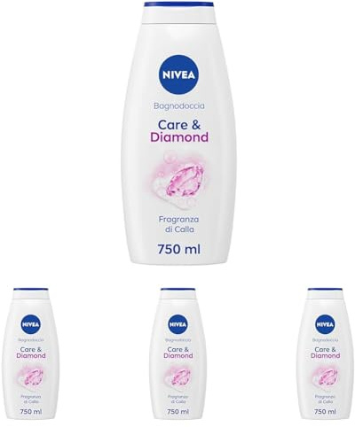 NIVEA Ducha Care & Diamond 750 ml, crema limpiadora e hidratante, crema de ducha enriquecida con vitaminas C, E y aceites nutritivos con aroma floral de Calla (Paquete de 4)