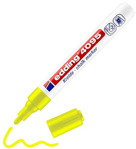 edding 4095 Kreidemarker - neon-gelb - 1 Kreidestift - Rundspitze 2-3 mm - Kreidestift für Tafel abwischbar - zum Beschriften von Fenster, Glas, Spiegel - Tafelstift mit deckenden Farben