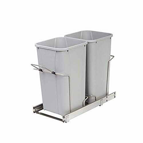 Knape & Vogt 11 tum. x 22 tum. 18 tum 27 Qt. I-skåp dubbel mjuk stängning bottenmonterad utdragbar papperskorg – platina, stålrutschkanor plast avfallsbehållare