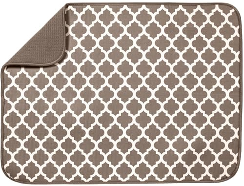 S&T INC. Dish Drying Mat XL, 18” x 24”, Absorbent Microfiber Kitchen Counter Mat, Dish Drying Pad for Dishes, Utensils, Pots and Pans, Extra Large, Taupe Trellis