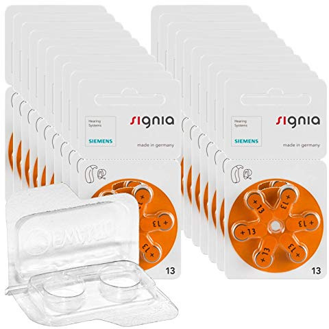 120 x Signia storlek 13 hörapparatbatterier, 20 x 6 blister PR48 orange 24606 EWANTO förvaringslåda för 2 batterier (10, 13, 312, 675), transparent batterilåda för knappceller < Ø 12 mm x H 6 mm