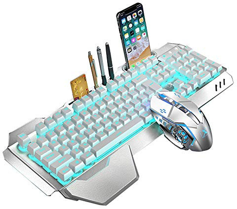 2,4 G Mechanisches Gefühl Wiederaufladbares kabelloses Tastatur- und Mausset, 3000 mAh Kapazität, LED-beleuchtetes wasserdichte Gaming-Tastatur Anti-Ghosting+2400 DPI Gaming-Maus mit 6 Tasten, Weiß