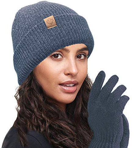 TOSKATOK Ladies Warm Thermal lined Chenille Hat and Glove Set-BLUE
