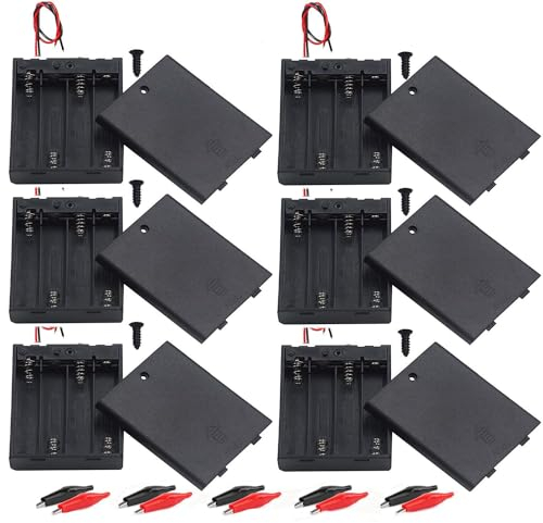 RUNCCI-YUN 6Pcs AA 4 x 1.5V 6V Battery Holder Case Plastic Battery Storage Box with ON/OFF Switch Case Cover Wire Leads+20 Crocodile clips+4Pcs Push Button Switch