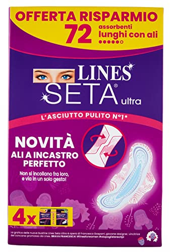 Lines Seta Ultra Lungo con Ali, 72 assorbenti lunghi per il giorno con ali a incastro perfetto. Per flussi intensi e ipoallergenico. Comfort e asciuttezza con cuore super assorbente, pacco scorta.