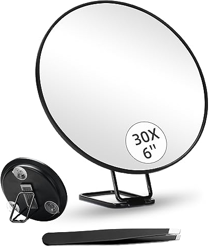 30X Vergrößerungsspiegel, 6inch großer Makeup-Spiegel mit 30X Vergrößerung, 3 Saugnäpfe und 360° Verstellbarer Ständer für Hand, Tisch, Wandmontage, Reise Kompaktlupenspiegel mit Pinzette Kits