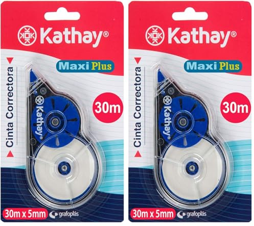 Kathay 86028999. Cinta Correctora de Escritura Maxi Plus, 5mmx 30 Metros, Colores Aleatorios: Verde y Azul, Secado Rápido (Paquete de 2)