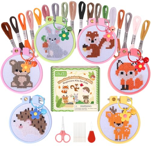 Caydo 6-teiliges Kreuzstich-Set für Kinder, Sticksets mit Waldtiermustern, Nadelarbeitsset für Kinder mit Anleitung für DIY Schlüsselanhänger, Rucksackanhänger, Ornamente und Nadelarbeiten