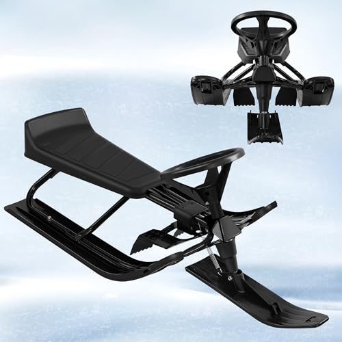 Laneetal Lenkschlitten für Kinder ab 5 Jahren, Schlitten mit Lenkrad Fußbremse Zugseil, Sitz mit Rückenlehne, Metallrahmen, 119x38x50,5 cm, Schwarz