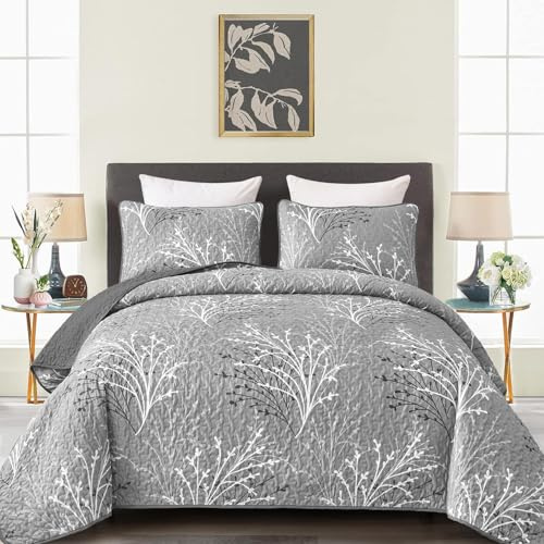DJY Grey Quilt Set King Size - Branch Botanical Pattern Bedspread Coverlet Set, 3 Pieces Gray Floral Quilt Bedding Set, Soft Lightweight Microfiber Reversible Bed Cover for All Season, 110''x90''