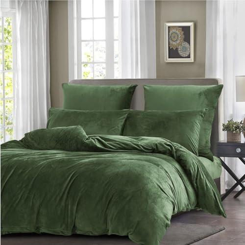 Gezu Funda nórdica de invierno de 140 x 200 cm, color verde oscuro, franela, terciopelo, doble cara, grueso, cálido, ropa de cama para adultos, ropa de cama para 1 persona con 1 funda de almohada de