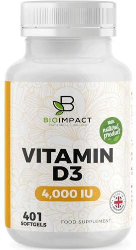 BIOIMPACT Vitamin D3 4,000 IU Softgel Tablets | High Strength | Premium Olive Oil | 401 Easy to Swallow Softgels | 1 Year+ Supply | Supports Immune System | Non-GMO & Gluten-Free | UK Manufactured