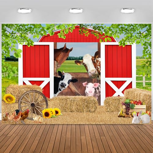 Hnmdmyi 2.1x1.5m Toile de Fond Ferme Rouge Grange Cour Animaux de la Ferme Vert Herbe Meule de Foin Photographie Fond Enfants Garçons Filles Pays Ferme Anniversaire Fête Décorations Photo Booth Props