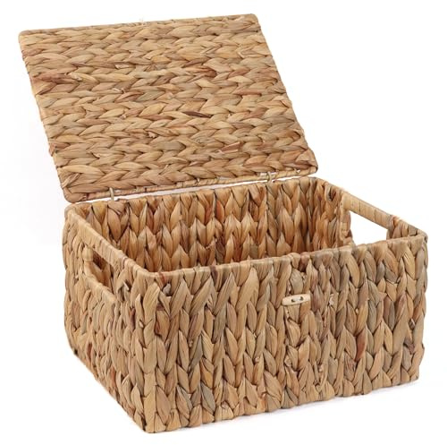 FEILANDUO - Paniers en osier avec couvercle, panier de rangement en jonc de mer, boîte rectangulaire pour organisateur de bureau à domicile (naturel, grand)